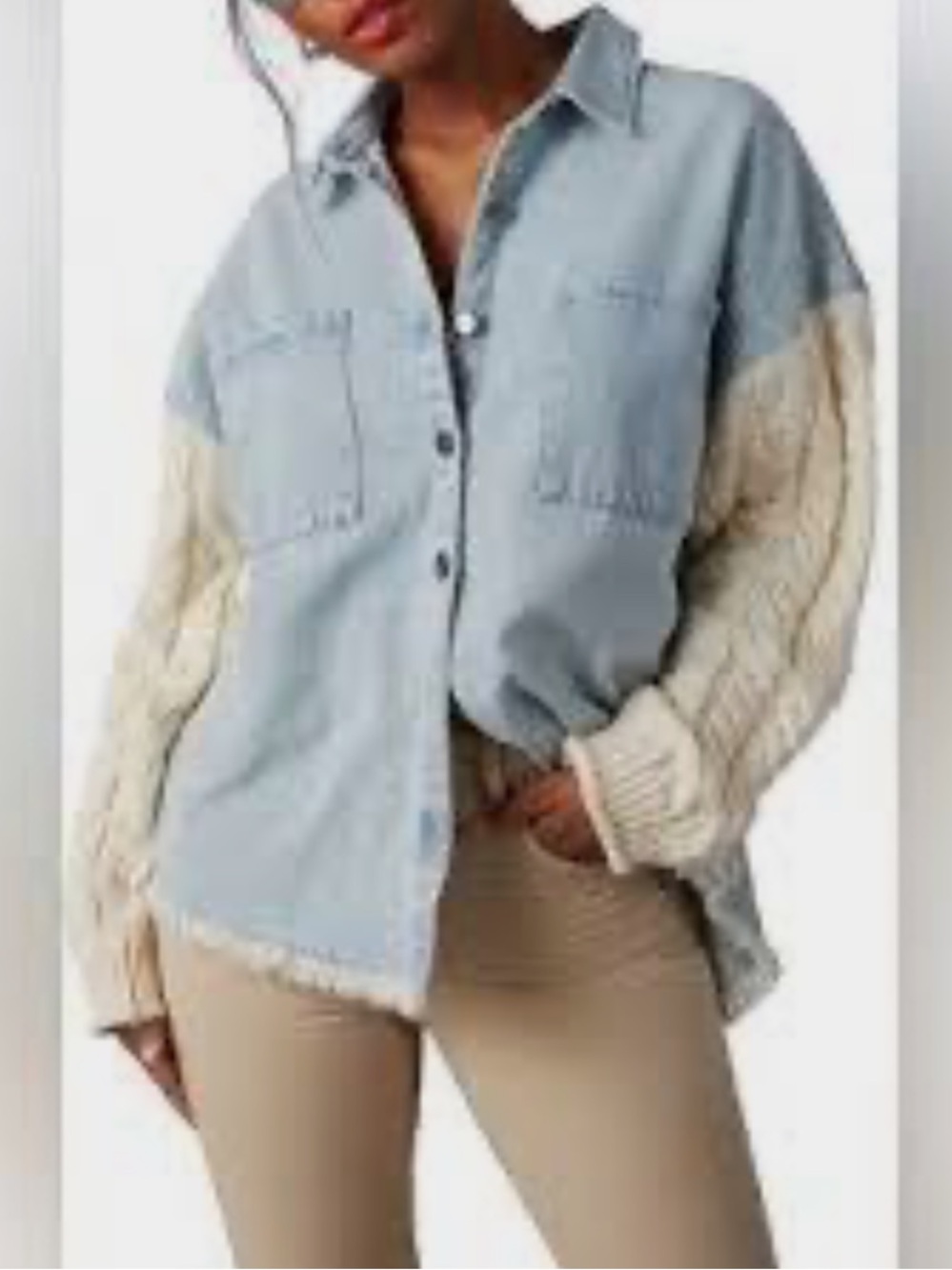 NWT Blu Pepper Denim and Cable Knit Mixed Media Shacket (Shirt Jacket), Sz: L - Picture 2 of 11